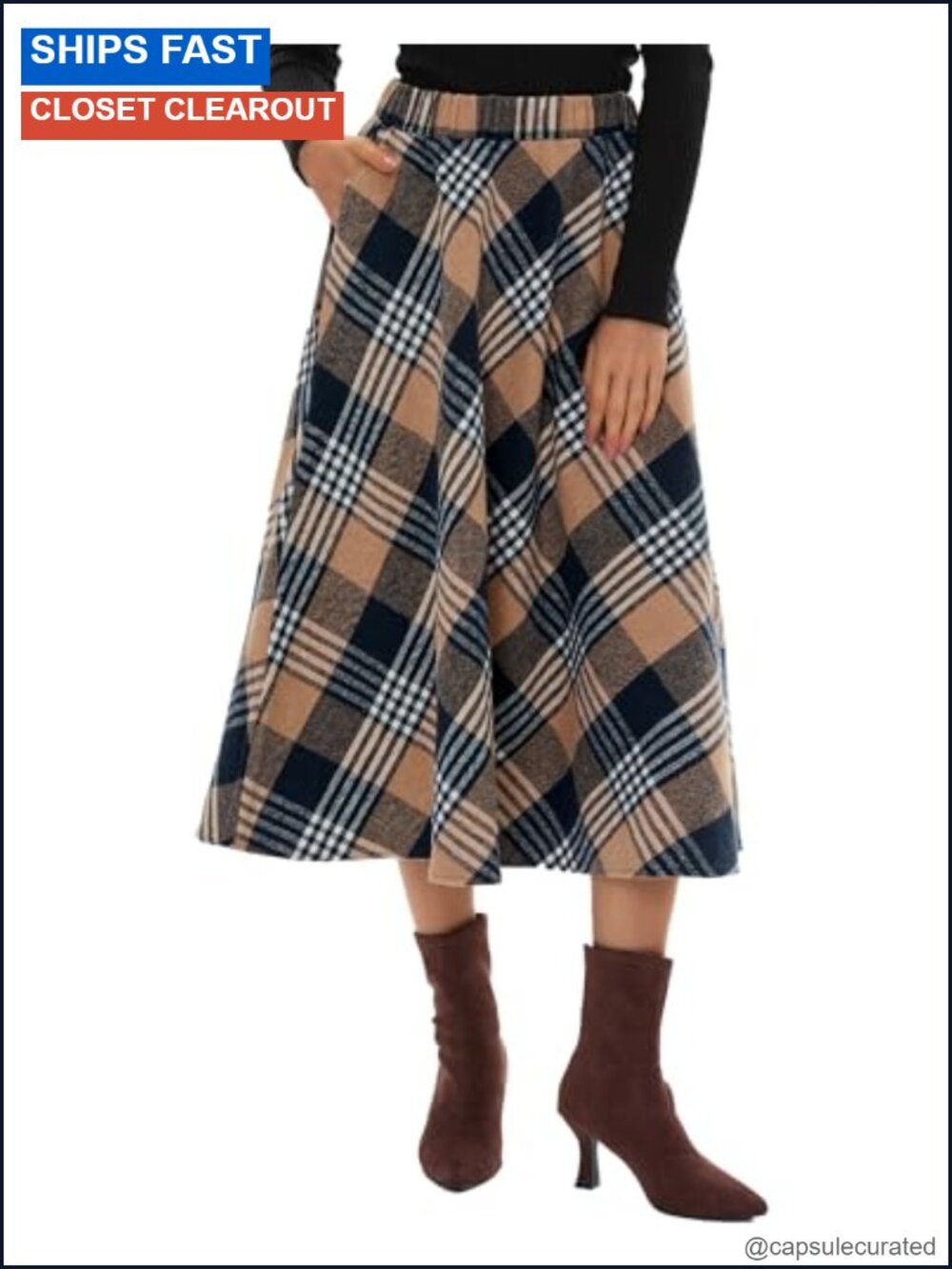 Long Plaid Wool Blend Skirt High Waisted A-Line Fall Winter